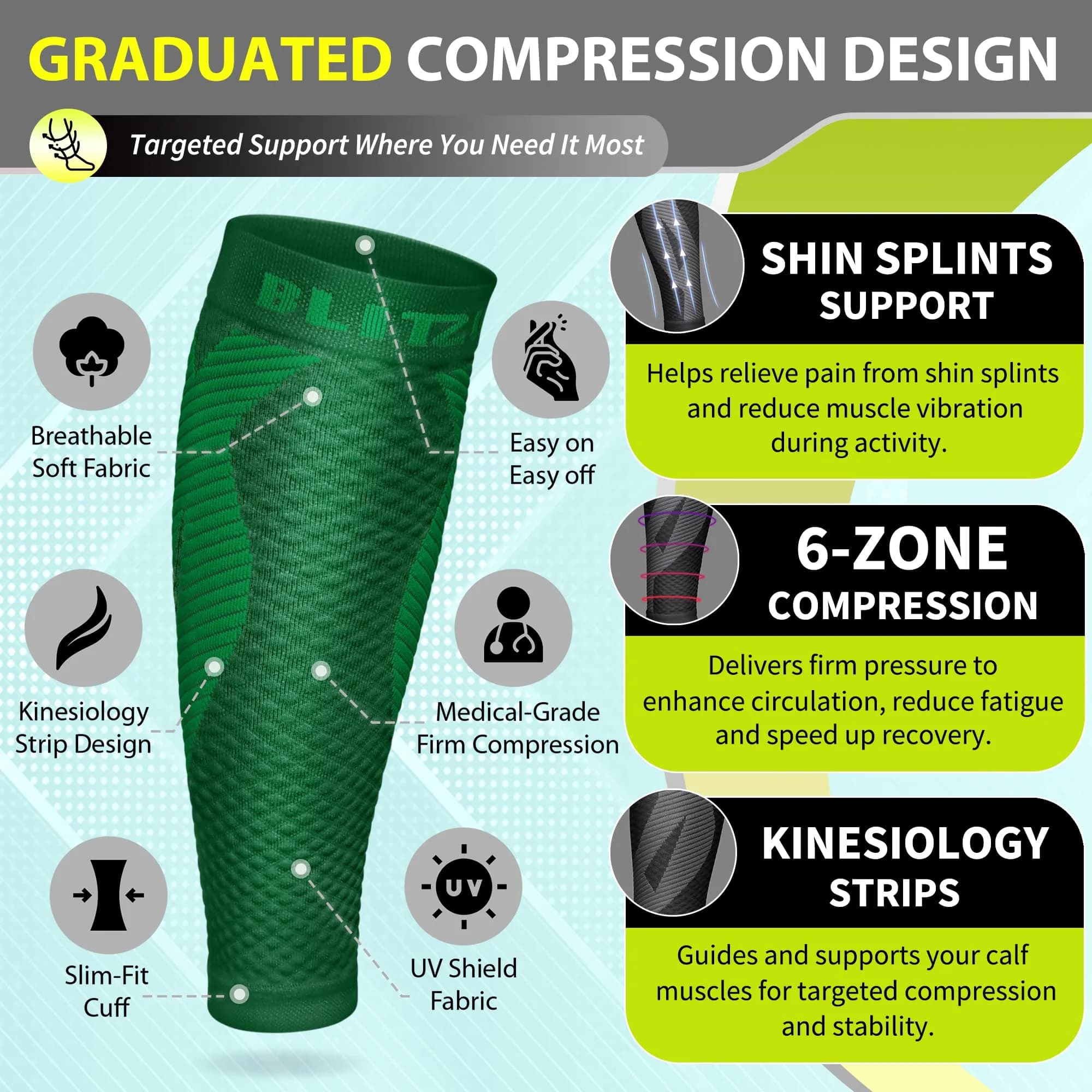 BLITZU Calf Compression Sleeves Green Large/X-Large | FDA Approved Orthopedic Brace for Shin Splints & Varicose Veins - view 3