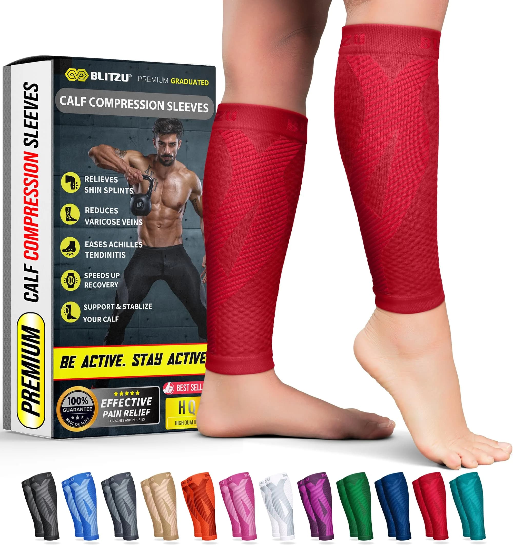 BLITZU Red Small/Medium Calf Compression Sleeves for Shin Splints & Varicose Veins - main product image