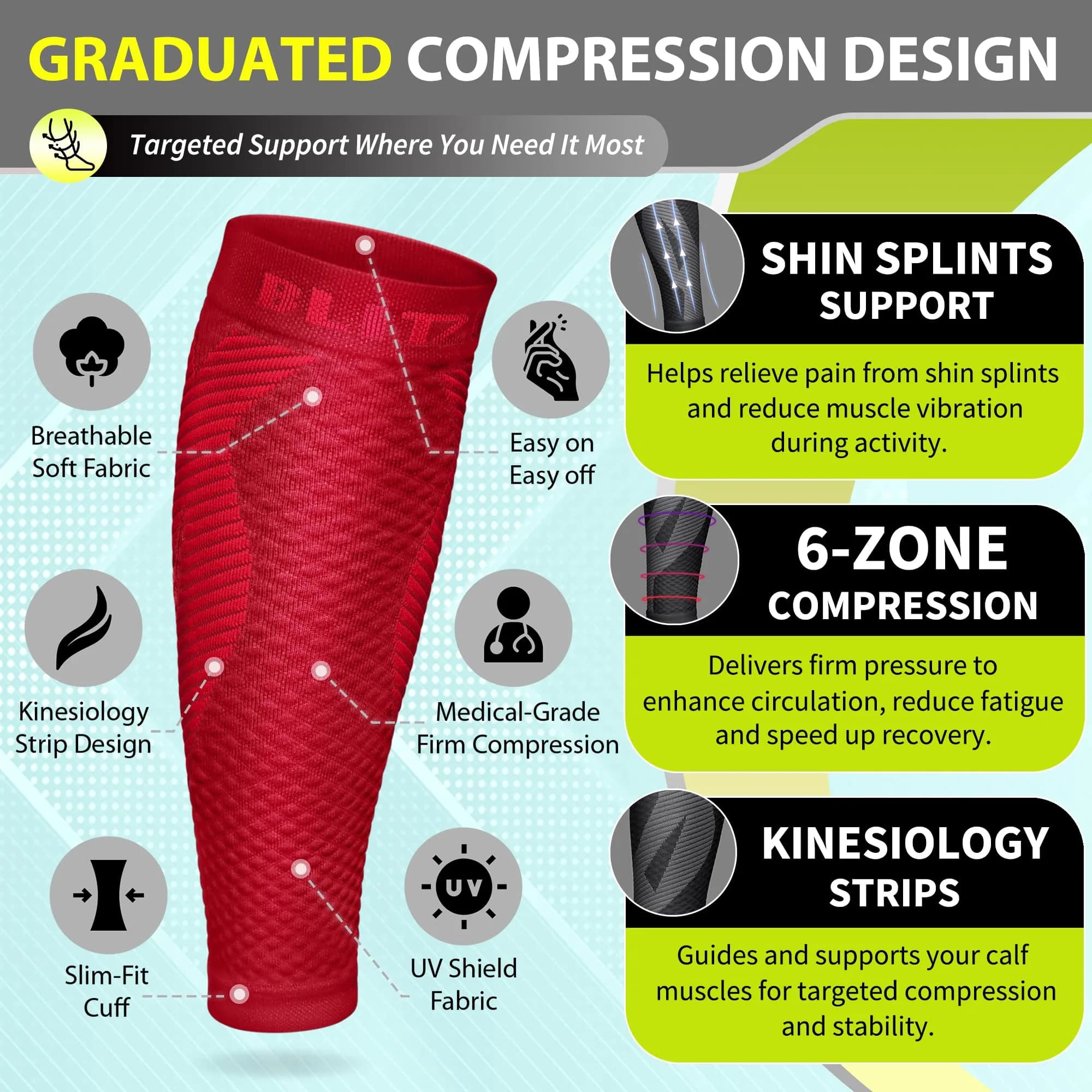 BLITZU Red Small/Medium Calf Compression Sleeves for Shin Splints & Varicose Veins - view 3