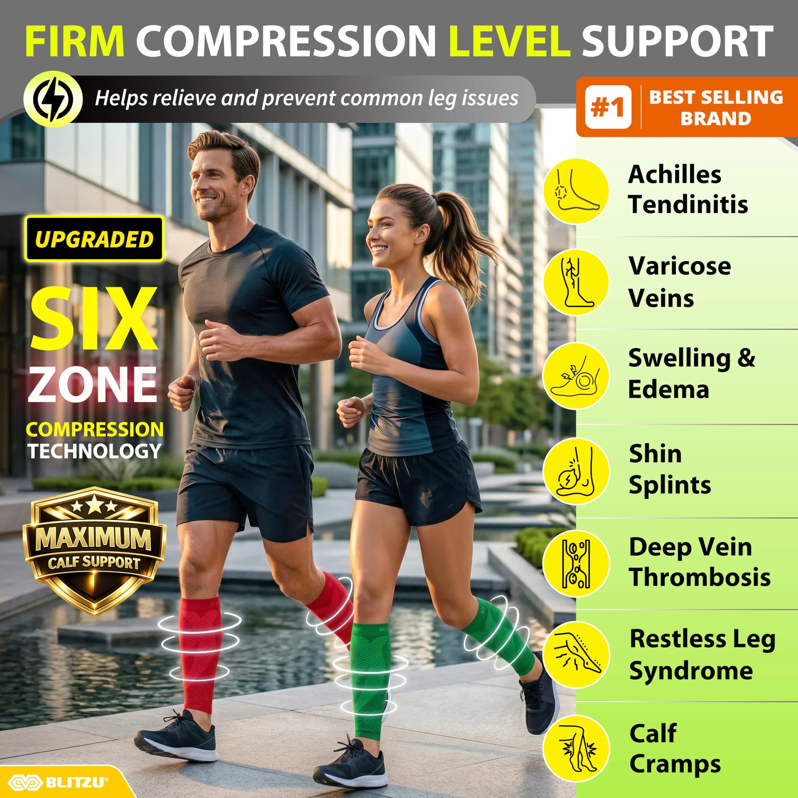 BLITZU Calf Compression Sleeves Green Small/Medium | FDA Approved Orthopedic Brace for Shin Splints & Varicose Veins - view 2