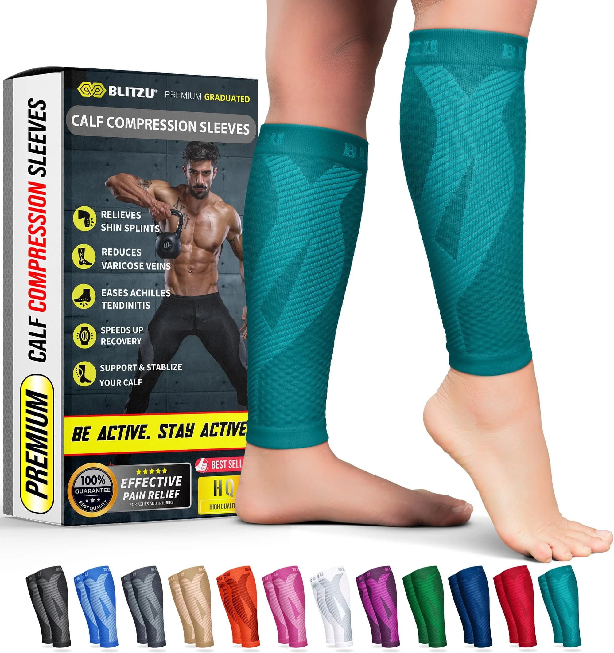 BLITZU Teal Calf Compression Sleeves for Small/Medium Legs | Orthopedic Brace for Shin Splints & Varicose Veins - main product image