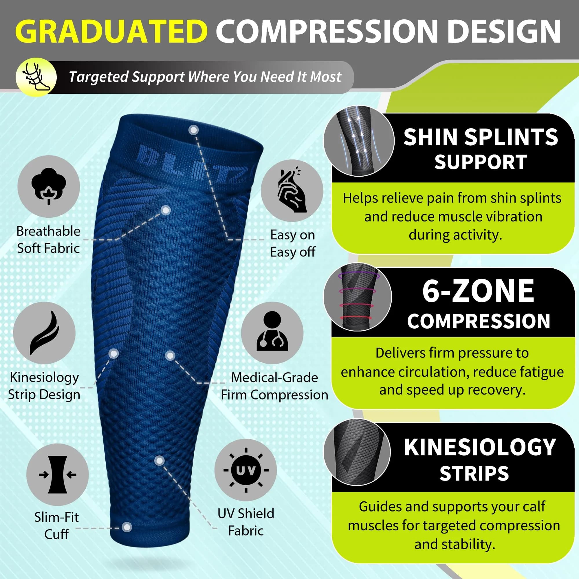 BLITZU Navy Small/Medium Calf Compression Sleeves for Shin Splints & Varicose Veins - view 3