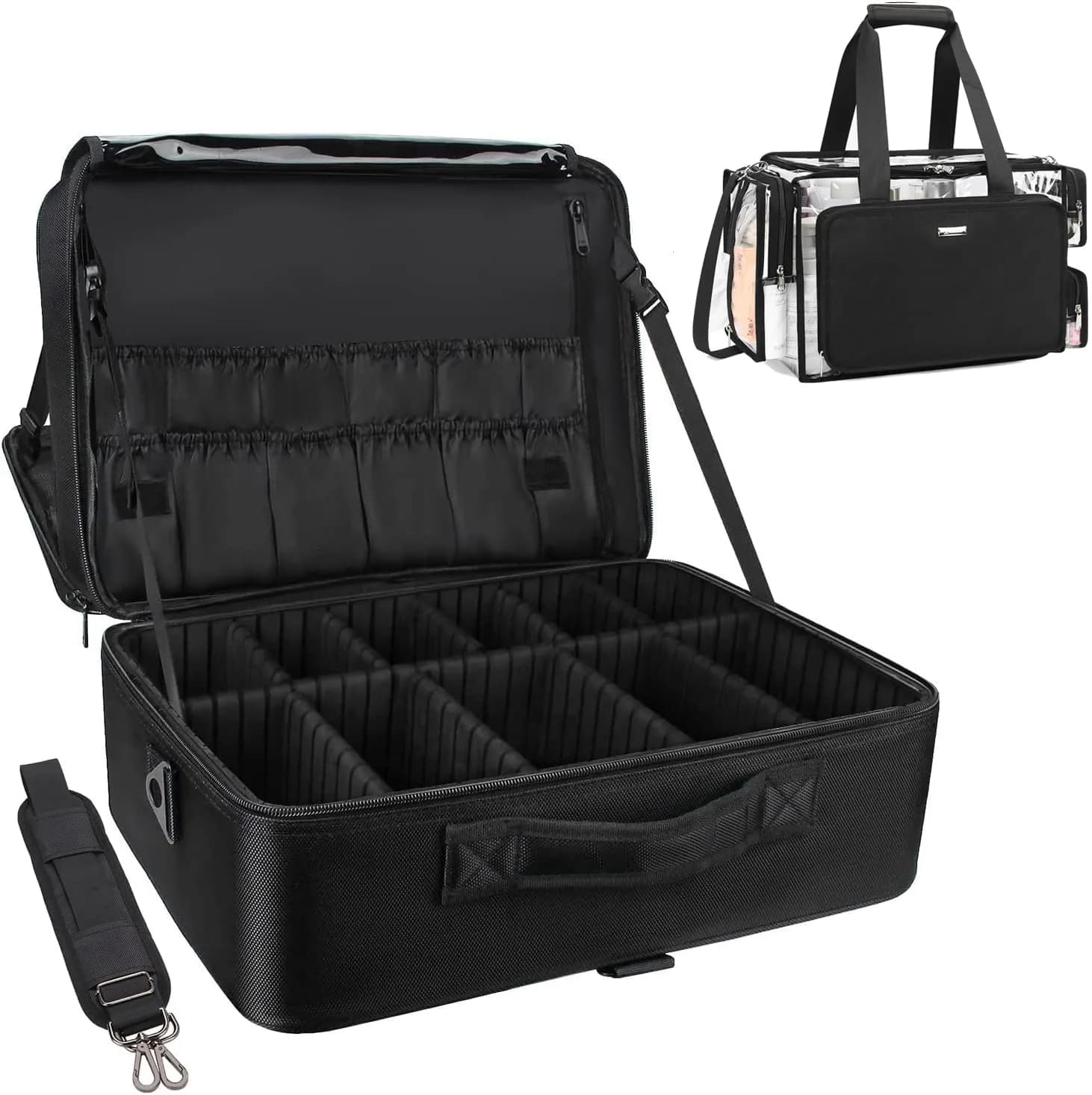 Relavel Extra Large Makeup Case and Clear Makeup Bag | Professional Travel Cosmetic Organizer with Adjustable Dividers & Shoulder Strap