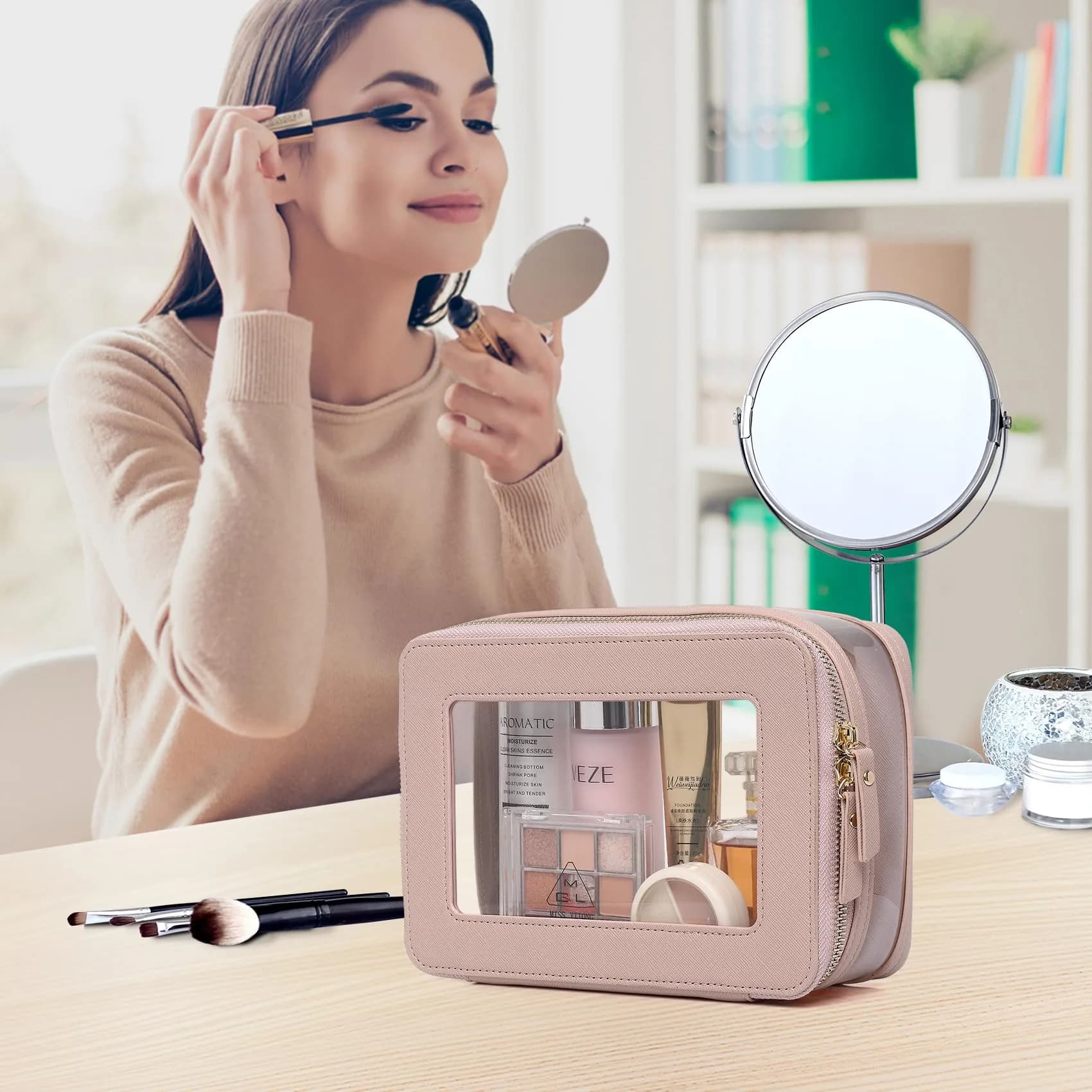 Pinkmik B6/Pink M+SLIM-1 Clear Makeup Bag with Brush Case - TSA Approved Travel Cosmetic Organizer - view 3