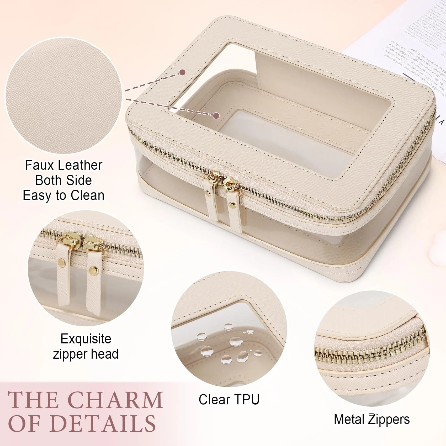 Pinkmik Clear Makeup Bag with Brush Case, Beige 2-Piece Set | TSA Approved Travel Toiletry Organizer - view 5