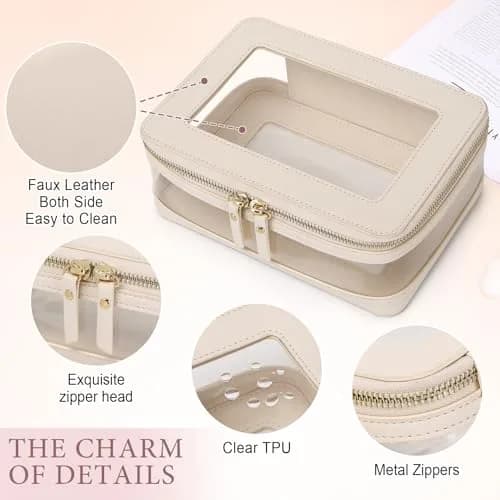 Pinkmik Clear Makeup Bag with Brush Case, Beige 2-Piece Set | TSA Approved Travel Toiletry Organizer thumbnail 5