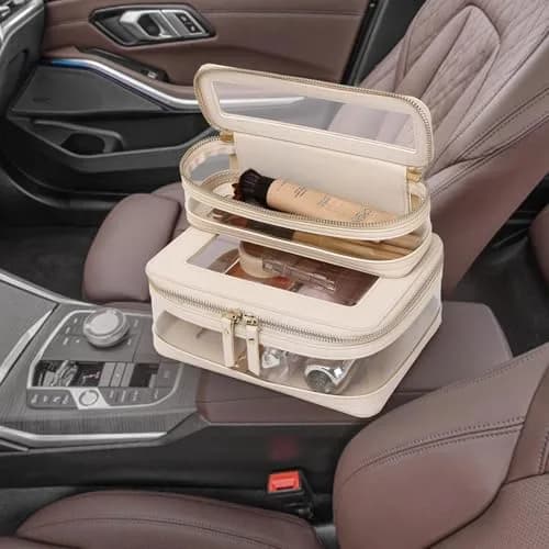 Pinkmik Clear Makeup Bag with Brush Case, Beige 2-Piece Set | TSA Approved Travel Toiletry Organizer thumbnail 6