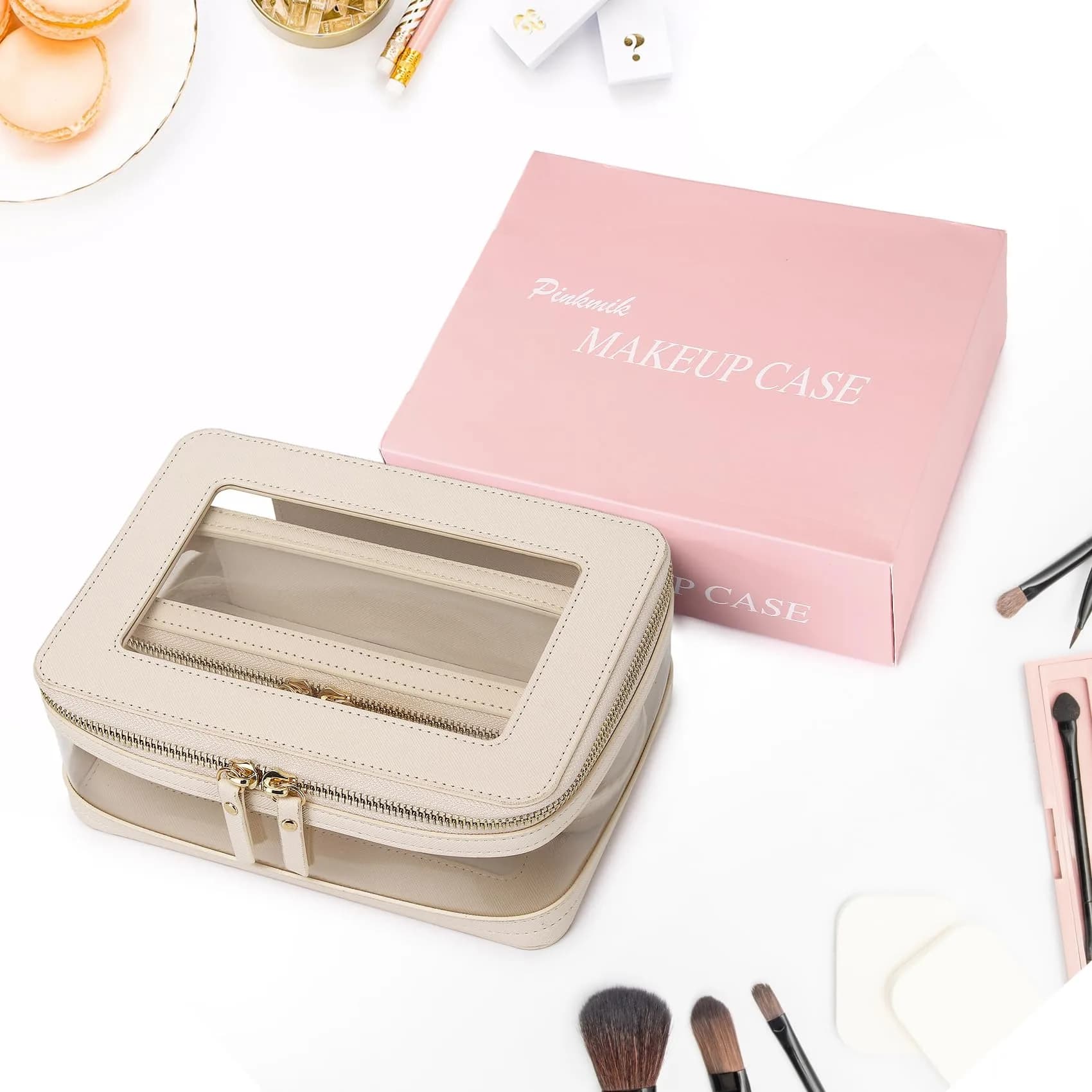 Pinkmik Clear Makeup Bag with Brush Case, Beige 2-Piece Set | TSA Approved Travel Toiletry Organizer - view 7