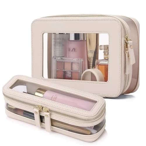 Pinkmik Clear Makeup Bag with Brush Case, Beige 2-Piece Set | TSA Approved Travel Toiletry Organizer thumbnail 1