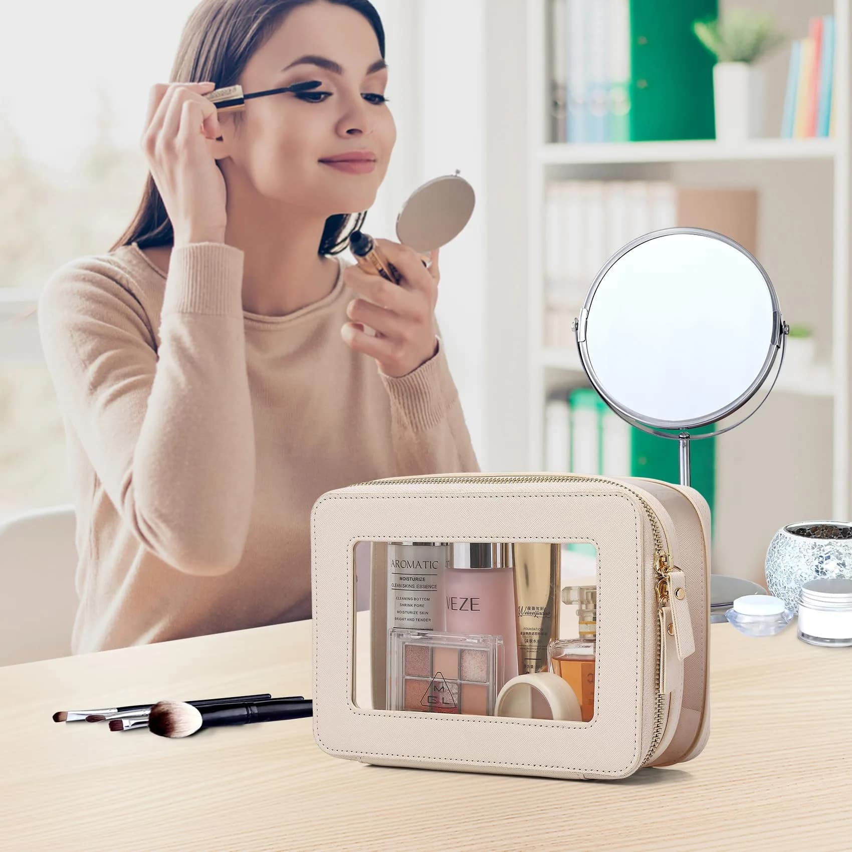 Pinkmik Clear Makeup Bag with Brush Case, Beige 2-Piece Set | TSA Approved Travel Toiletry Organizer - view 3