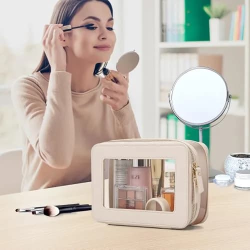 Pinkmik Clear Makeup Bag with Brush Case, Beige 2-Piece Set | TSA Approved Travel Toiletry Organizer thumbnail 3