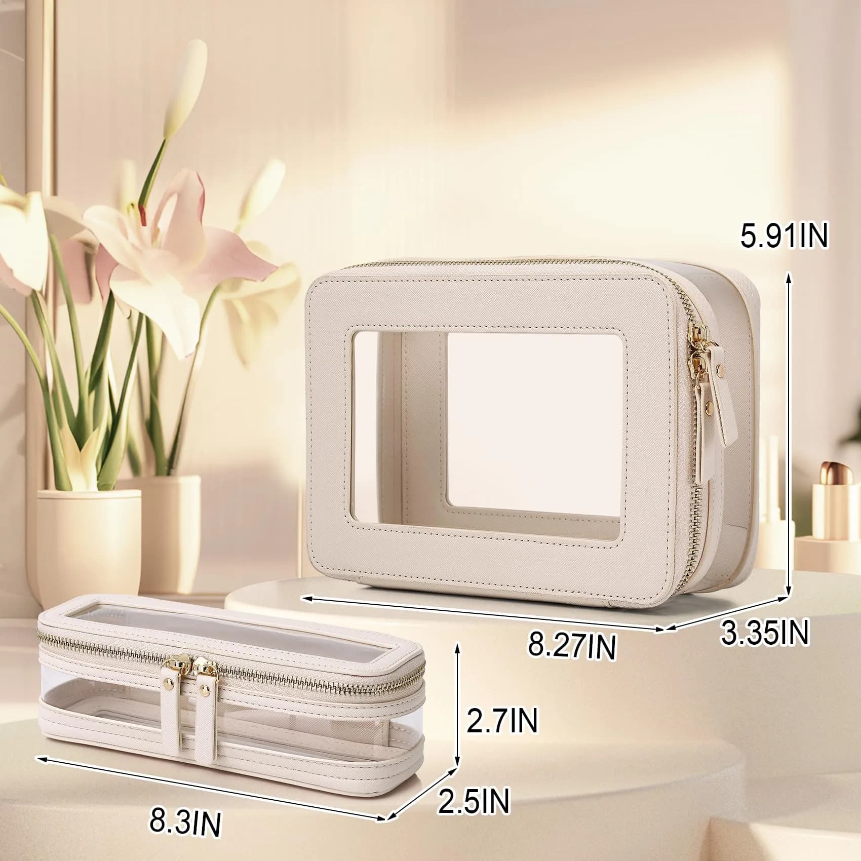 Pinkmik Clear Makeup Bag with Brush Case, Beige 2-Piece Set | TSA Approved Travel Toiletry Organizer - view 4