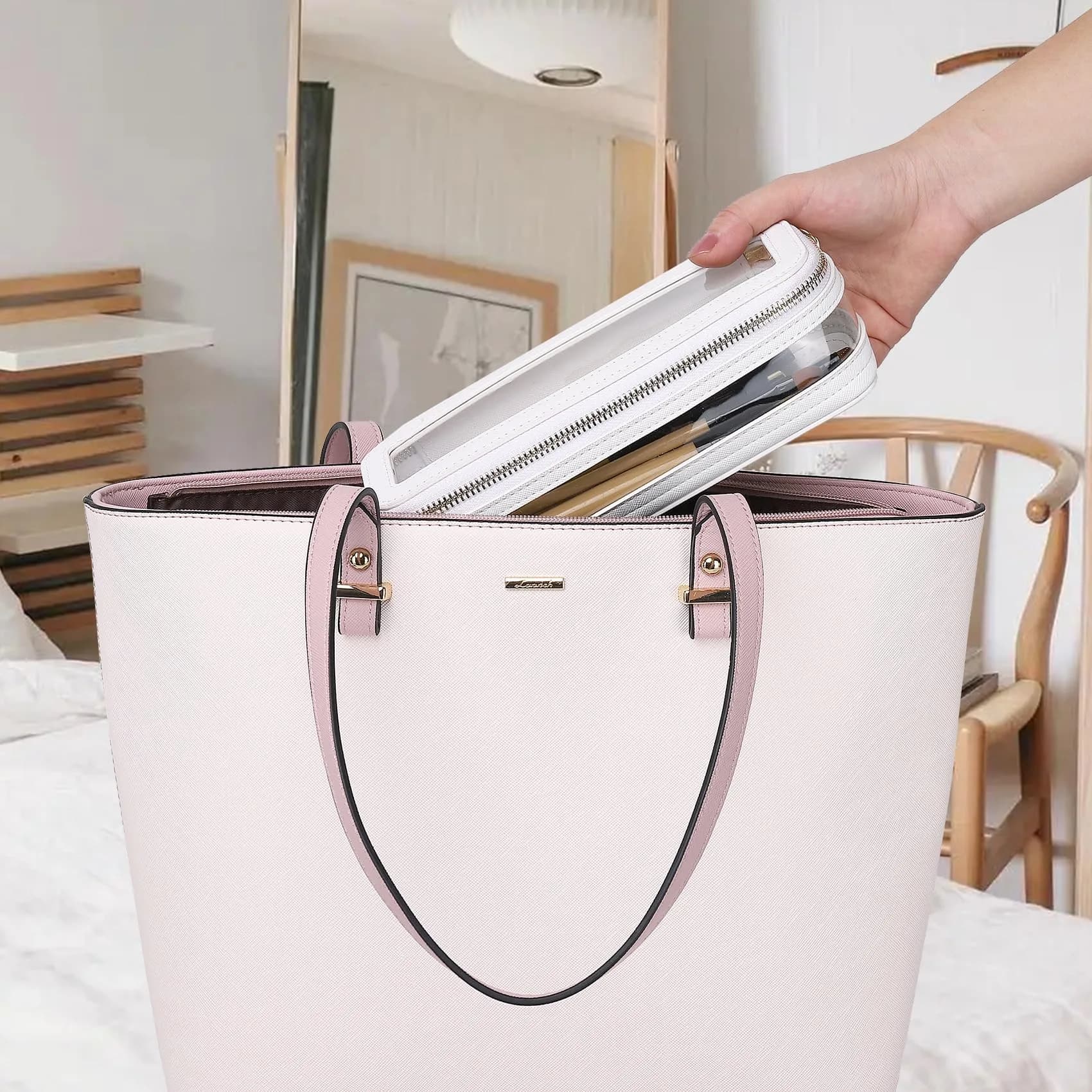 Pinkmik B6/White M+SLIM-1 Clear Makeup Bag with Brush Case - Medium Slim Travel Cosmetic Organizer - view 2