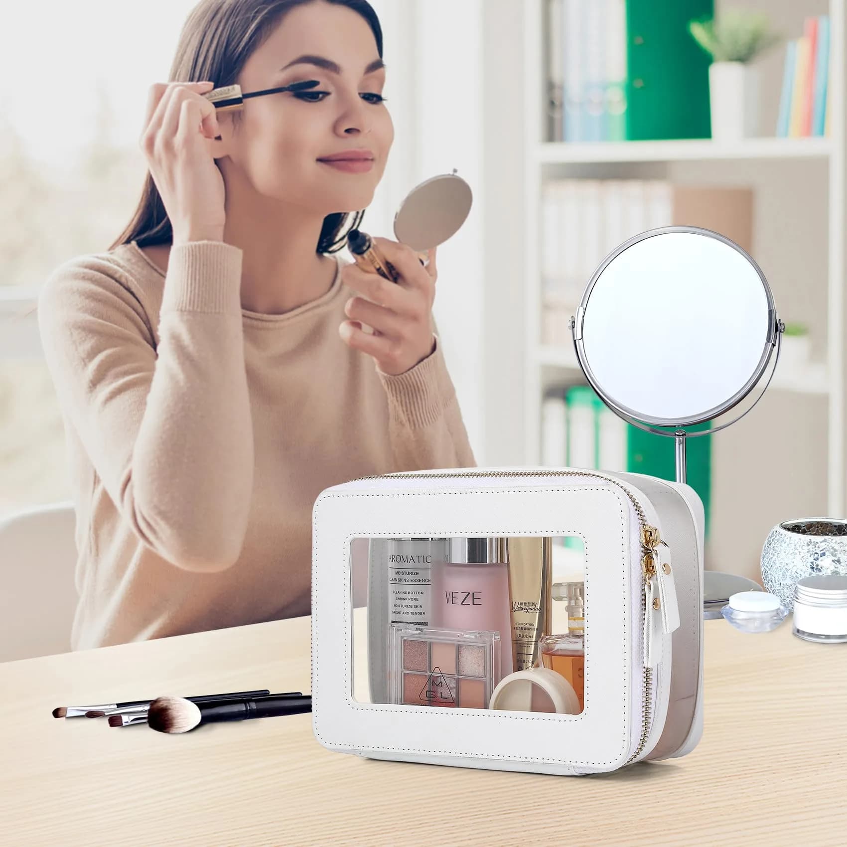 Pinkmik B6/White M+SLIM-1 Clear Makeup Bag with Brush Case - Medium Slim Travel Cosmetic Organizer - view 3