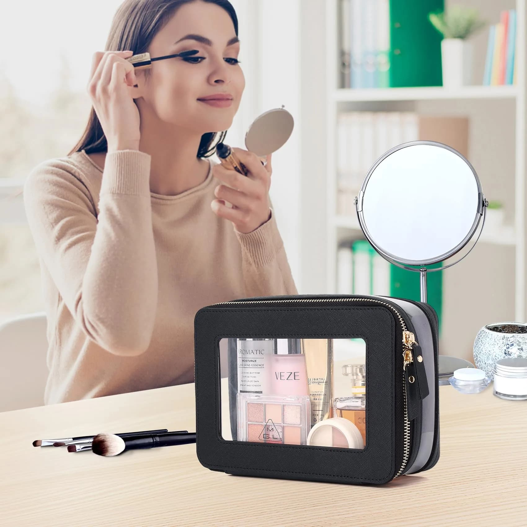 Pinkmik B6/Black M+SLIM-1 Clear Makeup Bag Set with Brush Case - TSA Approved Travel Cosmetic Organizer - view 3