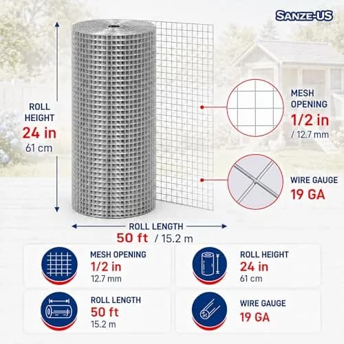 SANZEUS Hardware Cloth 1/2 Inch 24in x 50ft | Durable Galvanized Steel Mesh for Garden & Poultry thumbnail 2