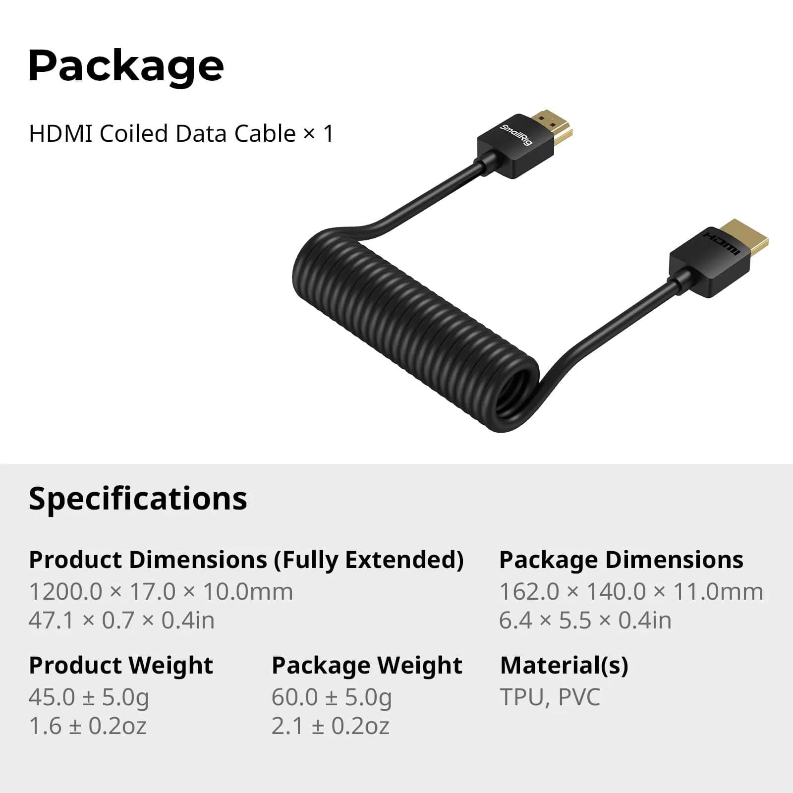 SMALLRIG Coiled HDMI Cable 2.0 (A to A) 1.2m (47.1in) | 4K@60Hz 18Gbps High Speed Data Transmission - view 6