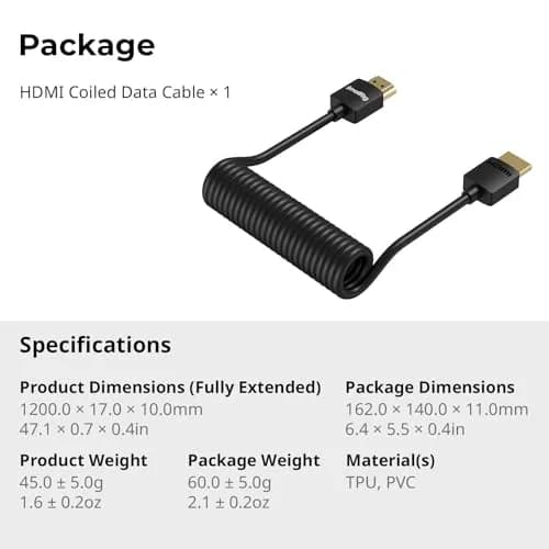 SMALLRIG Coiled HDMI Cable 2.0 (A to A) 1.2m (47.1in) | 4K@60Hz 18Gbps High Speed Data Transmission thumbnail 6