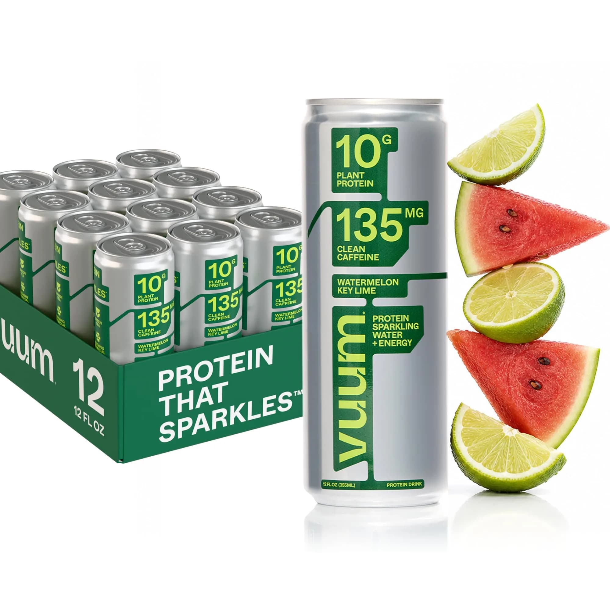 VUUM Sparkling Protein Drink, 12 Fl Oz (Pack of 12) | Watermelon Key Lime, Sugar-Free, 10g Plant Protein