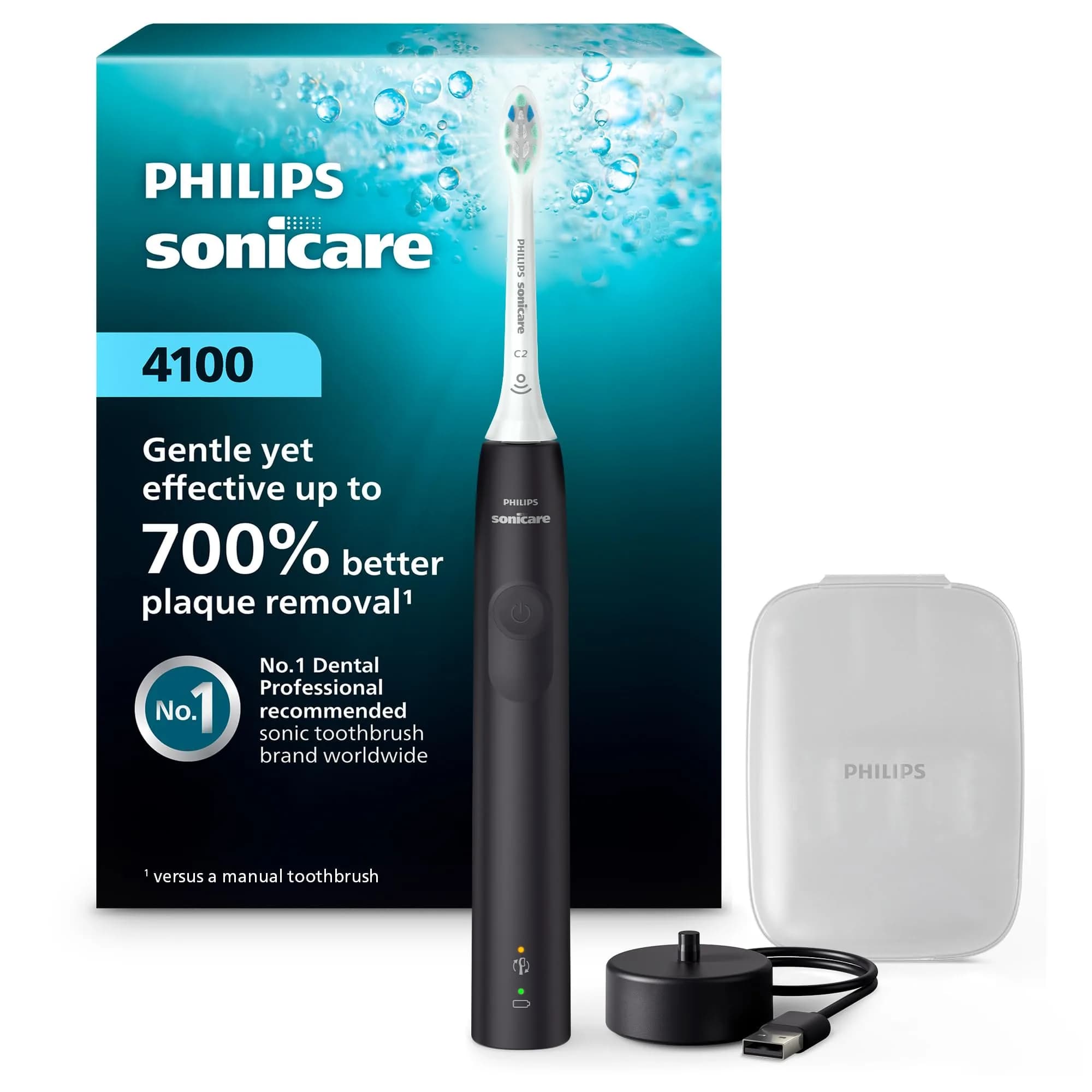 Philips Sonicare 4100 Rechargeable Electric Toothbrush with C2 Brush Head & Travel Case, Black - main product image