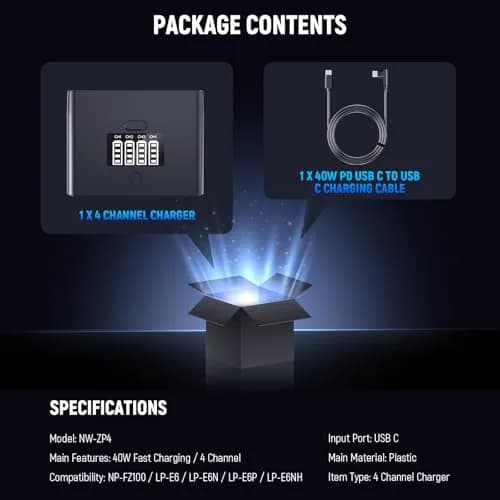 NEEWER 4 Channel USB Battery Charger NW-ZP4 | 40W Fast Charging for NP-FZ100 & LP-E6 Batteries thumbnail 9