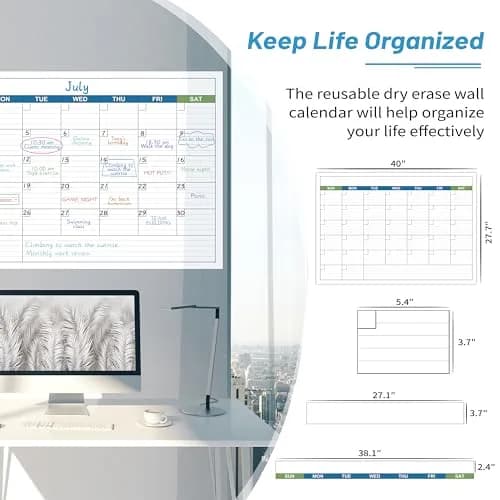 BooQool Large Undated Dry Erase Calendar 40" x 28" | Reusable Laminated Wall Planner thumbnail 2
