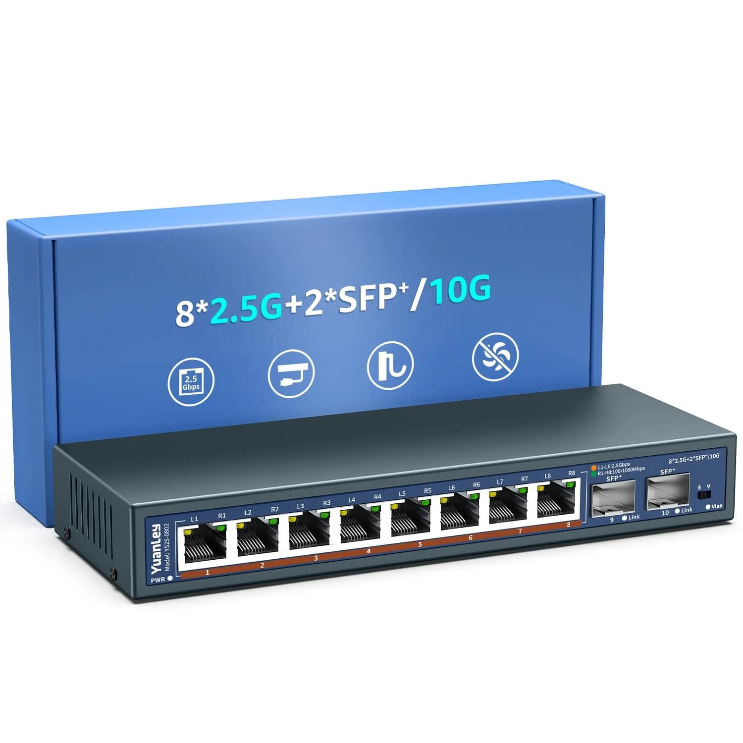 YuanLey 10 Port 2.5G Ethernet Switch | 8x2.5G +2x10G SFP, Fanless, Desktop/Wall Mount — Black