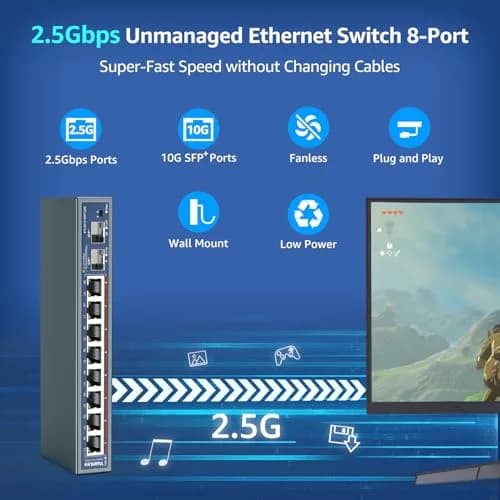 YuanLey 10 Port 2.5G Ethernet Switch | 8x2.5G +2x10G SFP, Fanless, Desktop/Wall Mount thumbnail 2