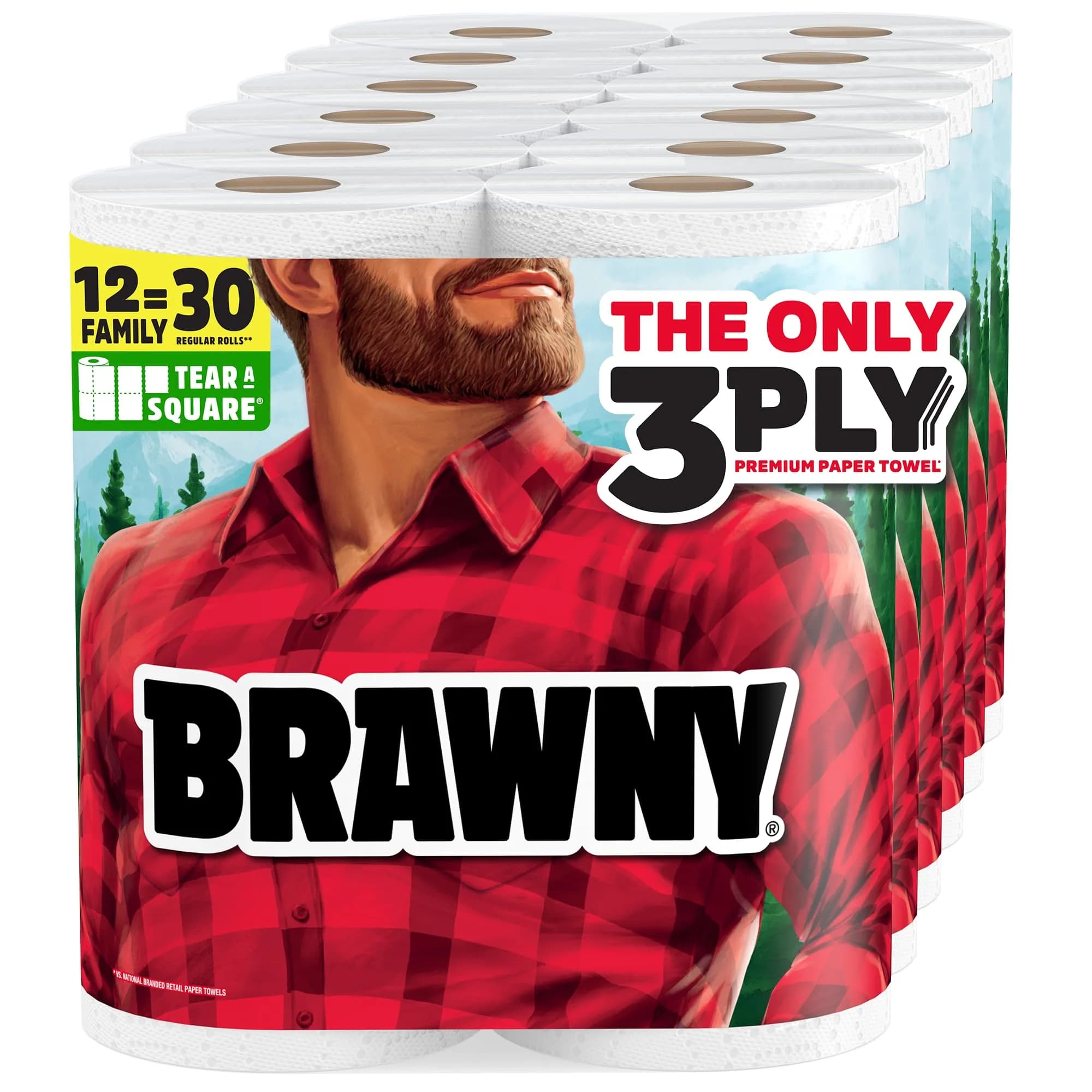 Brawny Tear-A-Square 3-Ply Paper Towels, 6 Double Rolls = 12 Regular Rolls | Strong, Absorbent, Eco-Friendly — Family