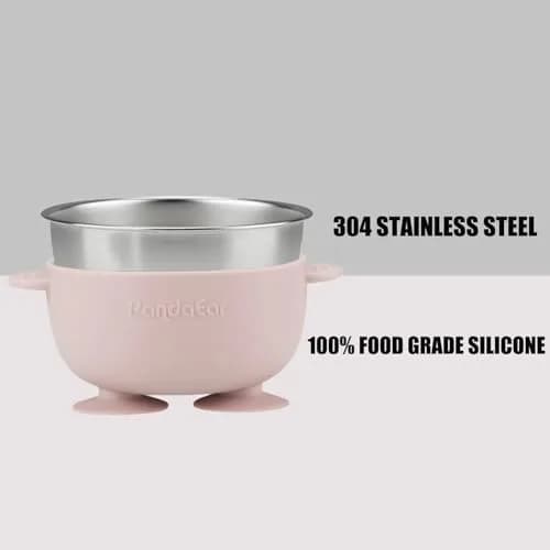 PandaEar 6-in-1 Stainless Steel Baby Feeding Set | Divided Suction Plate, Bowl, Sippy Cup with Straw, Bib, Spoon & Fork | BPA-Free Toddler Feeding Essentials for Self-Feeding (Pink) thumbnail 4