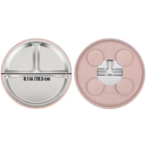 PandaEar 6-in-1 Stainless Steel Baby Feeding Set | Divided Suction Plate, Bowl, Sippy Cup with Straw, Bib, Spoon & Fork | BPA-Free Toddler Feeding Essentials for Self-Feeding (Pink) thumbnail 6