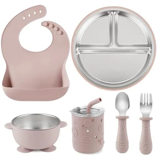 PandaEar 6-in-1 Stainless Steel Baby Feeding Set | Divided Suction Plate, Bowl, Sippy Cup with Straw, Bib, Spoon & Fork | BPA-Free Toddler Feeding Essentials for Self-Feeding (Pink) thumbnail 1