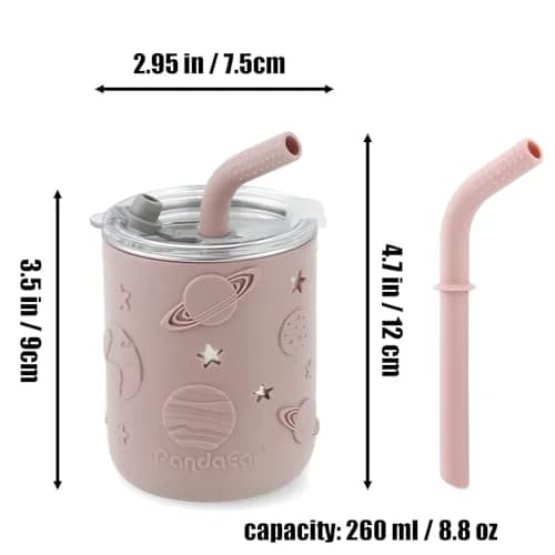 PandaEar 6-in-1 Stainless Steel Baby Feeding Set | Divided Suction Plate, Bowl, Sippy Cup with Straw, Bib, Spoon & Fork | BPA-Free Toddler Feeding Essentials for Self-Feeding (Pink) thumbnail 7
