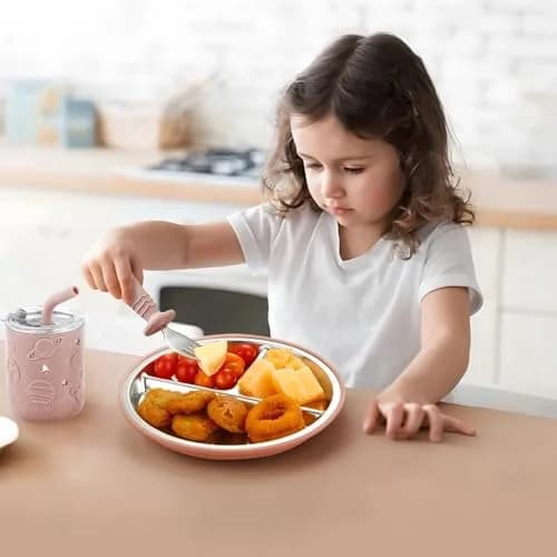 PandaEar 6-in-1 Stainless Steel Baby Feeding Set | Divided Suction Plate, Bowl, Sippy Cup with Straw, Bib, Spoon & Fork | BPA-Free Toddler Feeding Essentials for Self-Feeding (Pink) thumbnail 2