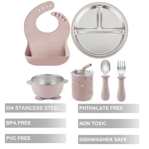 PandaEar 6-in-1 Stainless Steel Baby Feeding Set | Divided Suction Plate, Bowl, Sippy Cup with Straw, Bib, Spoon & Fork | BPA-Free Toddler Feeding Essentials for Self-Feeding (Pink) thumbnail 3