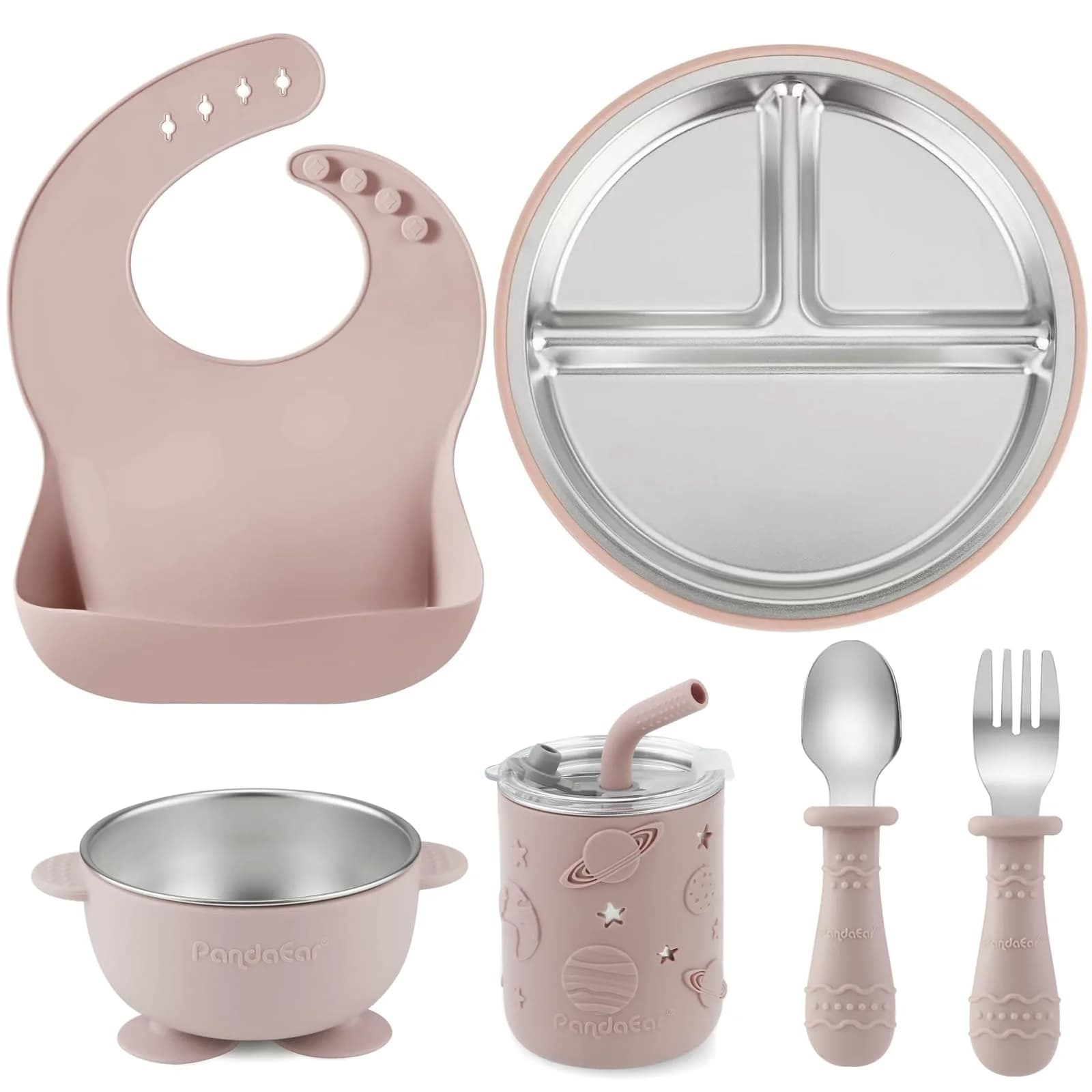 PandaEar 6-in-1 Stainless Steel Baby Feeding Set | Divided Suction Plate, Bowl, Sippy Cup with Straw, Bib, Spoon & Fork | BPA-Free Toddler Feeding Essentials for Self-Feeding (Pink) - main product image