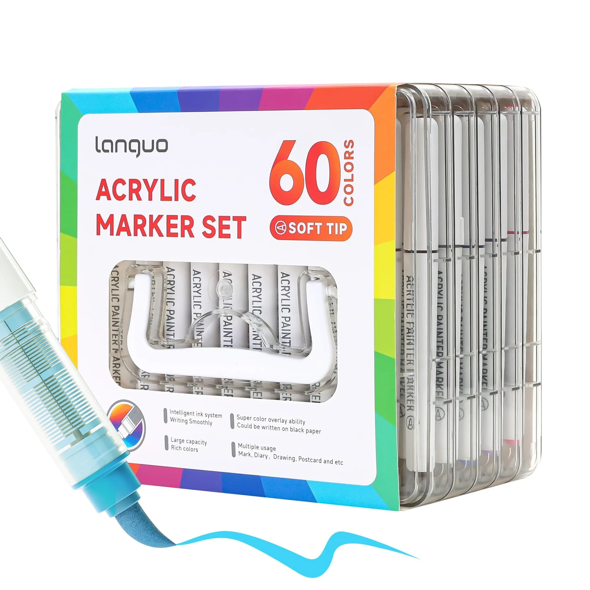 languo 60 Colors Acrylic Paint Markers, Brush Tip, Direct Liquid Ink | Water-Based, 1-5mm Lines, Waterproof - main product image