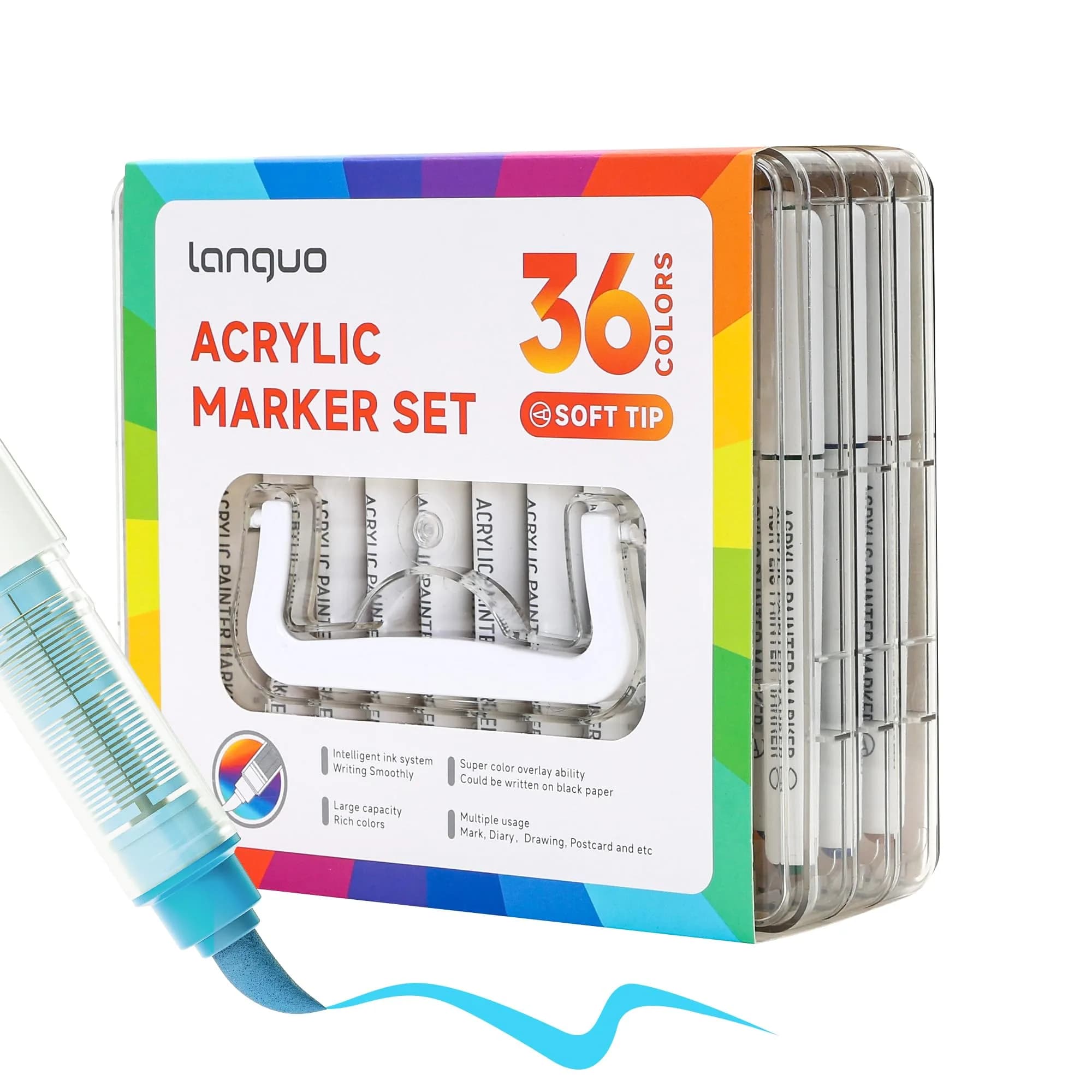 languo 36 Colors Acrylic Paint Markers, Brush Tip, Direct Liquid Ink | Water-Based, Fast-Drying, Waterproof, Ideal for Art & DIY — 36 Colors