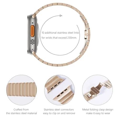 NewWays Metal Link Bracelet Band for Apple Watch Ultra 49mm, Series 9/8/7 45mm, 6/5/4 44mm, SE 44mm | Premium Stainless Steel with Gold Finish thumbnail 4
