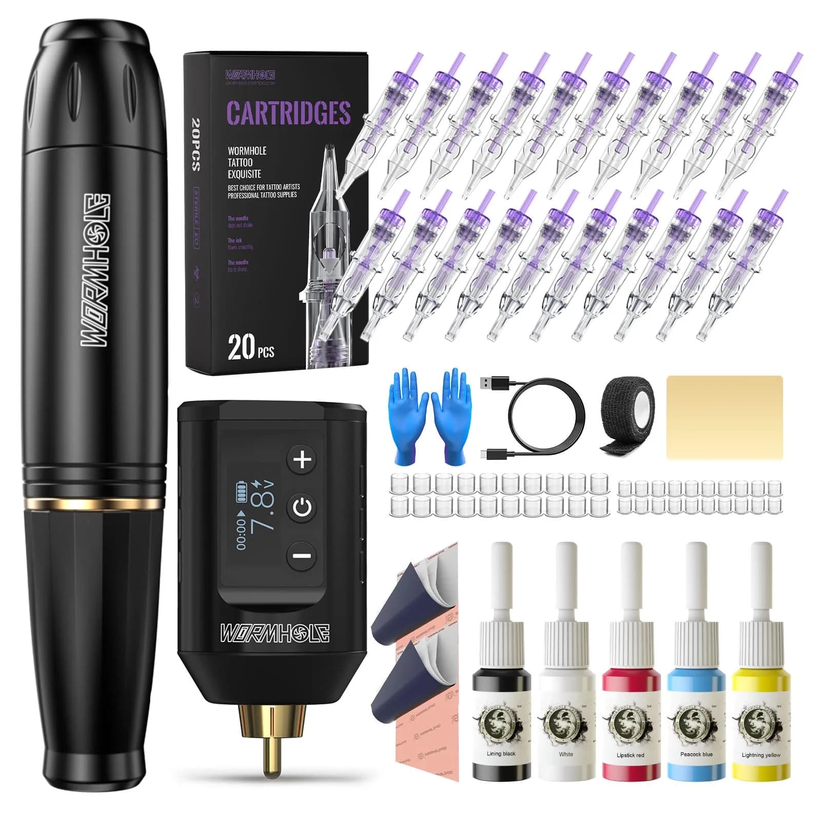 Wormhole Wireless Tattoo Kit, LED Digital Display, Dot Working Mode | Complete Rotary Tattoo Set for Beginners
