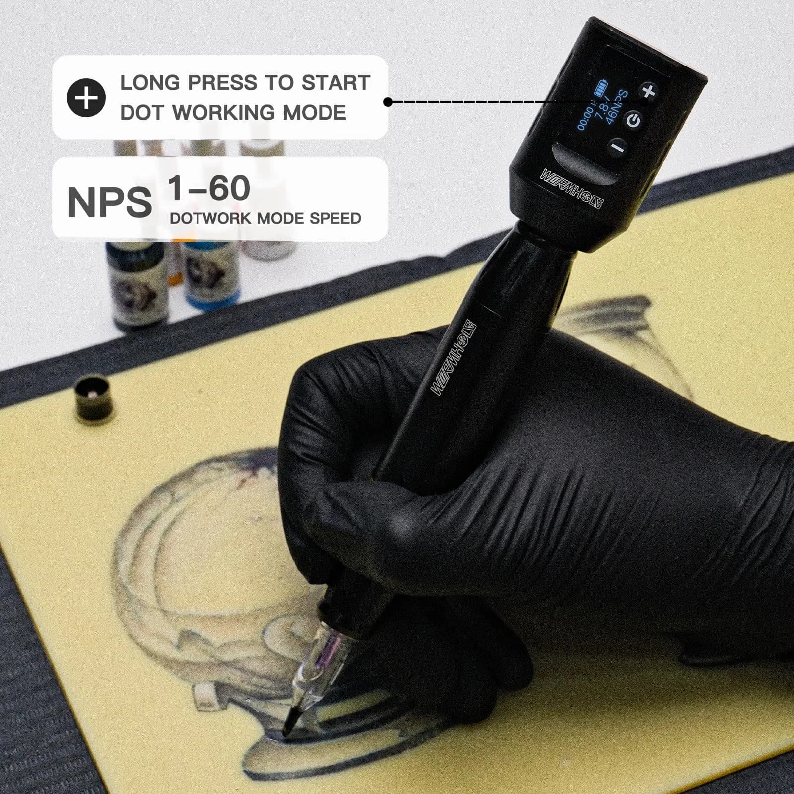 Wormhole Wireless Tattoo Kit, LED Digital Display, Dot Working Mode | Complete Rotary Tattoo Set for Beginners - view 3