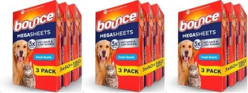 Bounce Pet Hair and Lint Guard Fabric Softener Dryer Sheets | Fresh Scent | 180 Count (Pack of 3) | 3X Pet Hair Fighters thumbnail 1