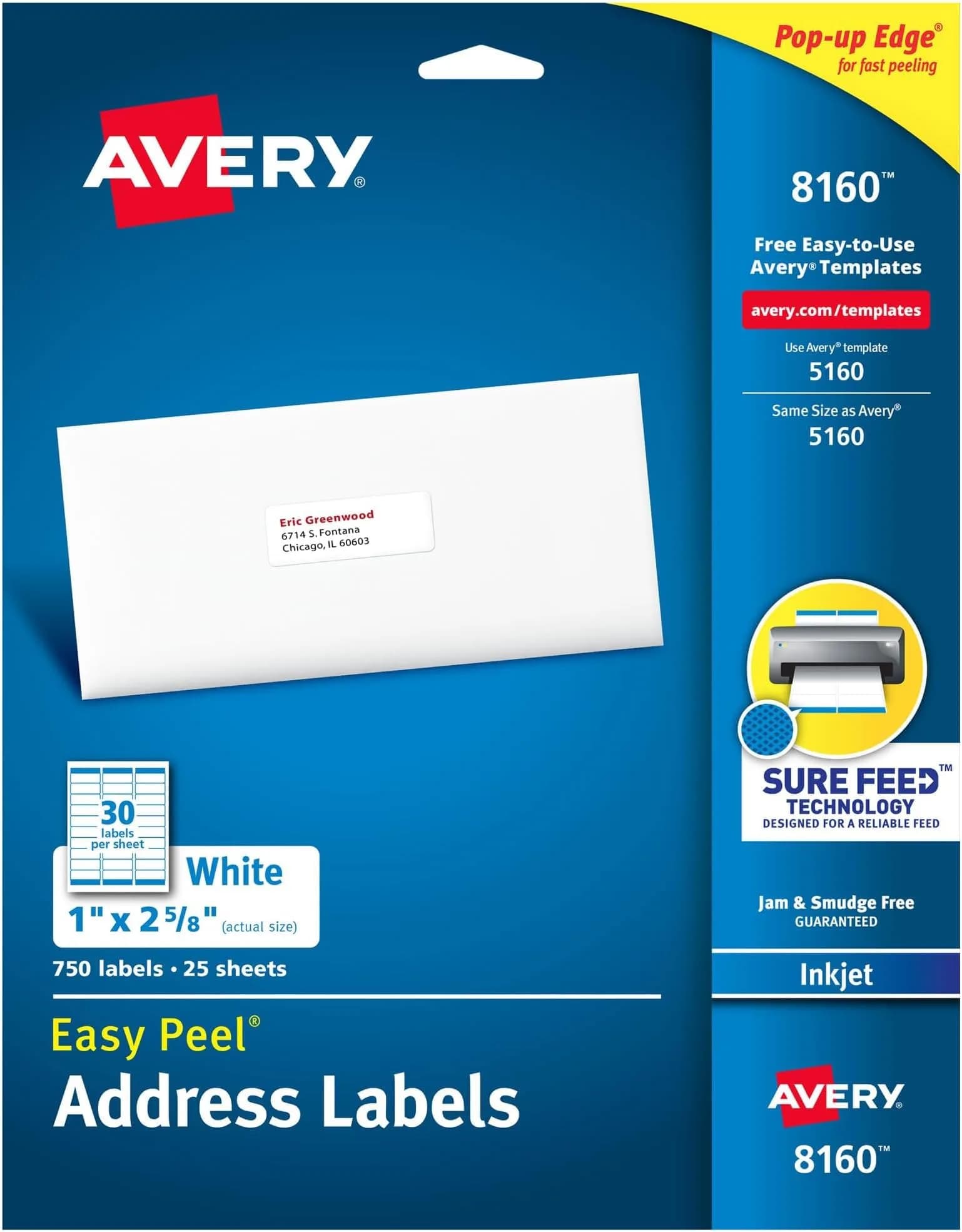 Avery Easy Peel Address Labels 1" x 2-5/8" (Pack of 5, 3750 Labels Total) | Sure Feed Technology for Jam-Free Printing