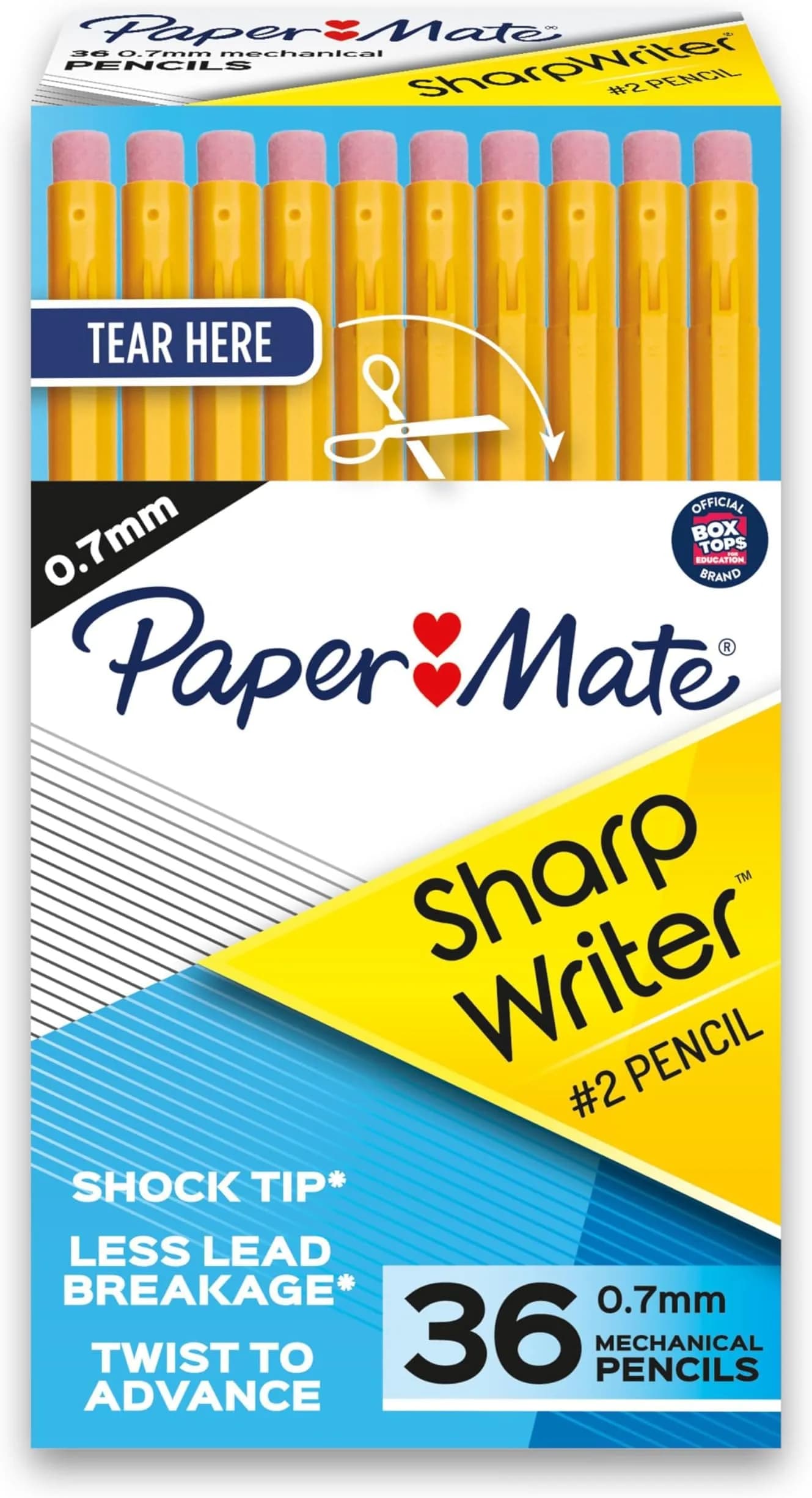 Paper Mate SharpWriter Mechanical Pencils Yellow | 0.7 mm #2 Lead, Pack of 6 (216 Count Total) | Shock-Absorbing Tip - main product image