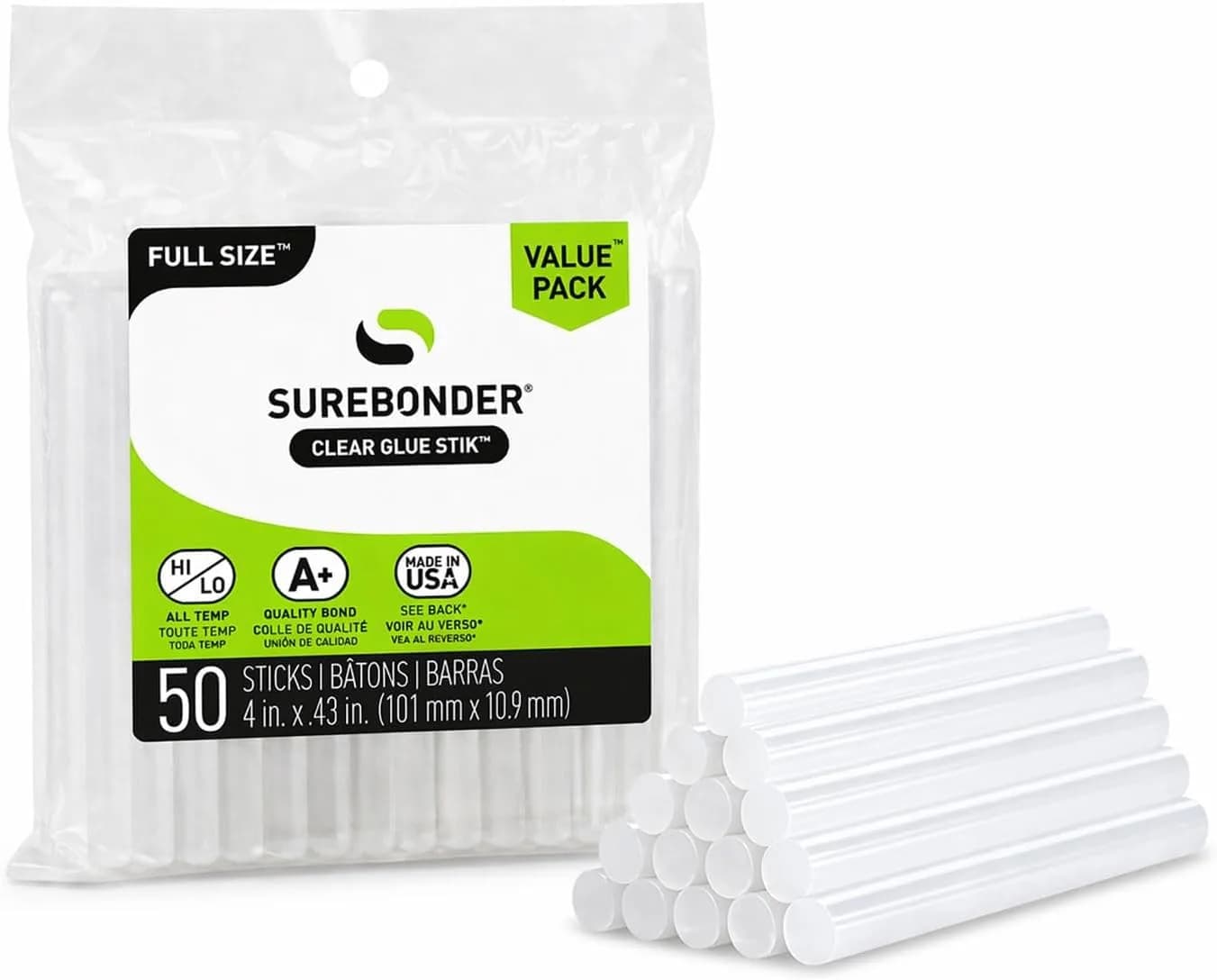 Surebonder Full Size All Purpose Clear 4" Hot Glue Sticks | Bonds Metal, Wood, Fabric & More