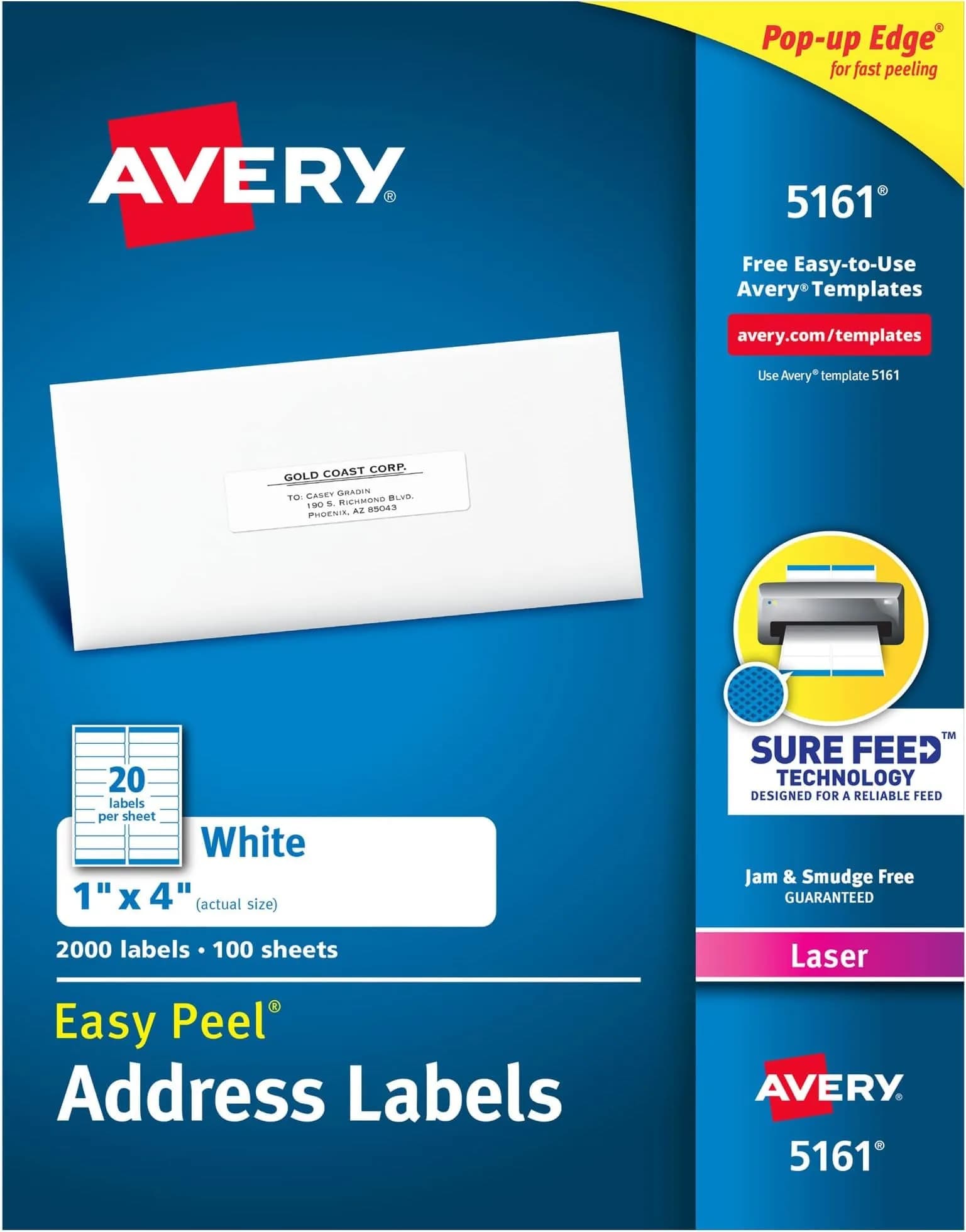 Avery Easy Peel Printable Address Labels with Sure Feed, 1 inch x 4 inch (2000 Labels, Pack of 5) | Laser Printer Optimized - main product image