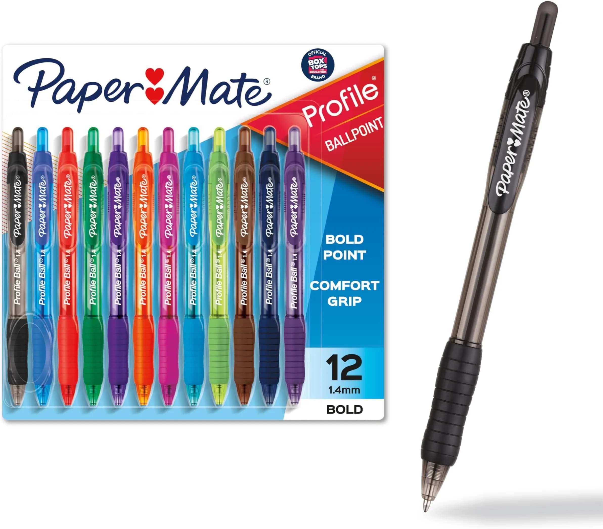 Paper Mate Profile Retractable Ballpoint Pens, Assorted Colours, Bold 1.4mm Tip, 12 Count Pack | Smooth Ink Flow for Confident Writing - main product image
