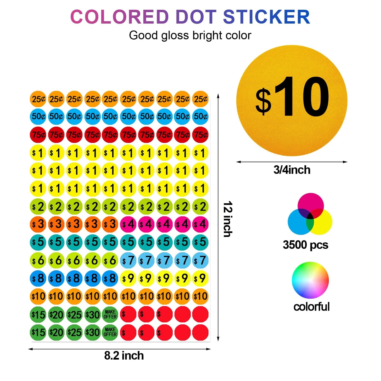 Darfukei Garage Sale Price Stickers (3500 PCS, 3/4 Inch) | Assorted Colors & Prices for Retail Use - view 2