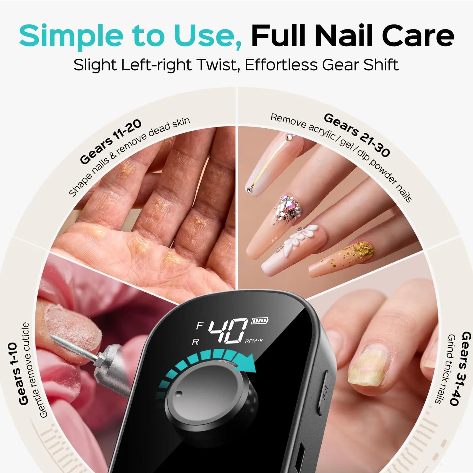 COSLUS E51 Professional Nail Drill Portable Electric Nail File with 40,000 RPM Motor & 12-Hour Battery | Rechargeable & Cordless for Salon & Home Use - view 5