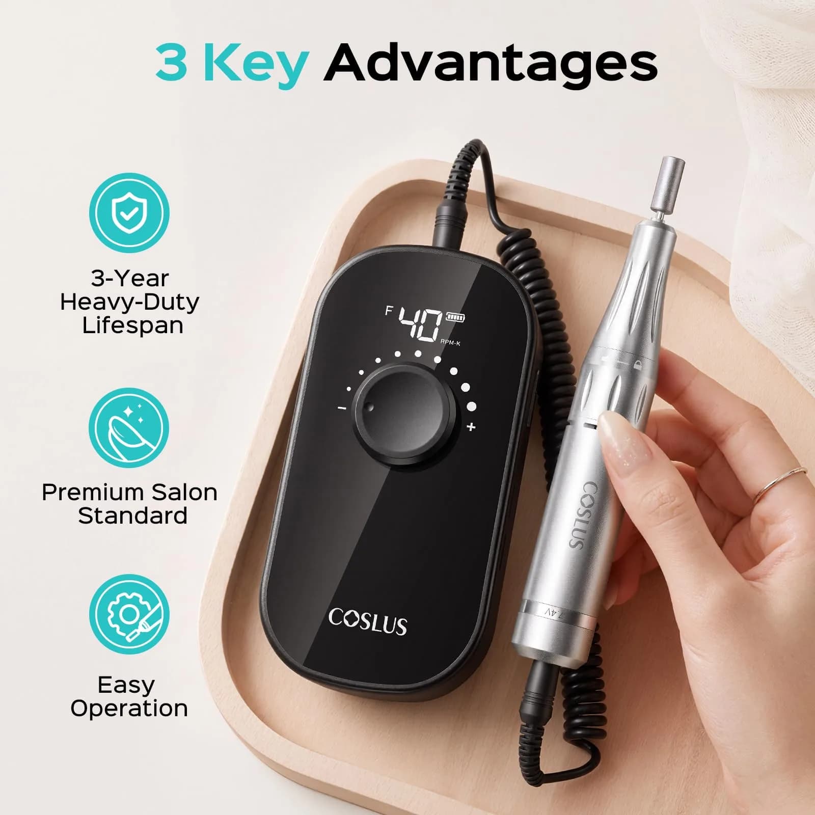 COSLUS Professional Rechargeable Electric Nail Drill with Smart LED Display - Black, 40,000 RPM - view 2